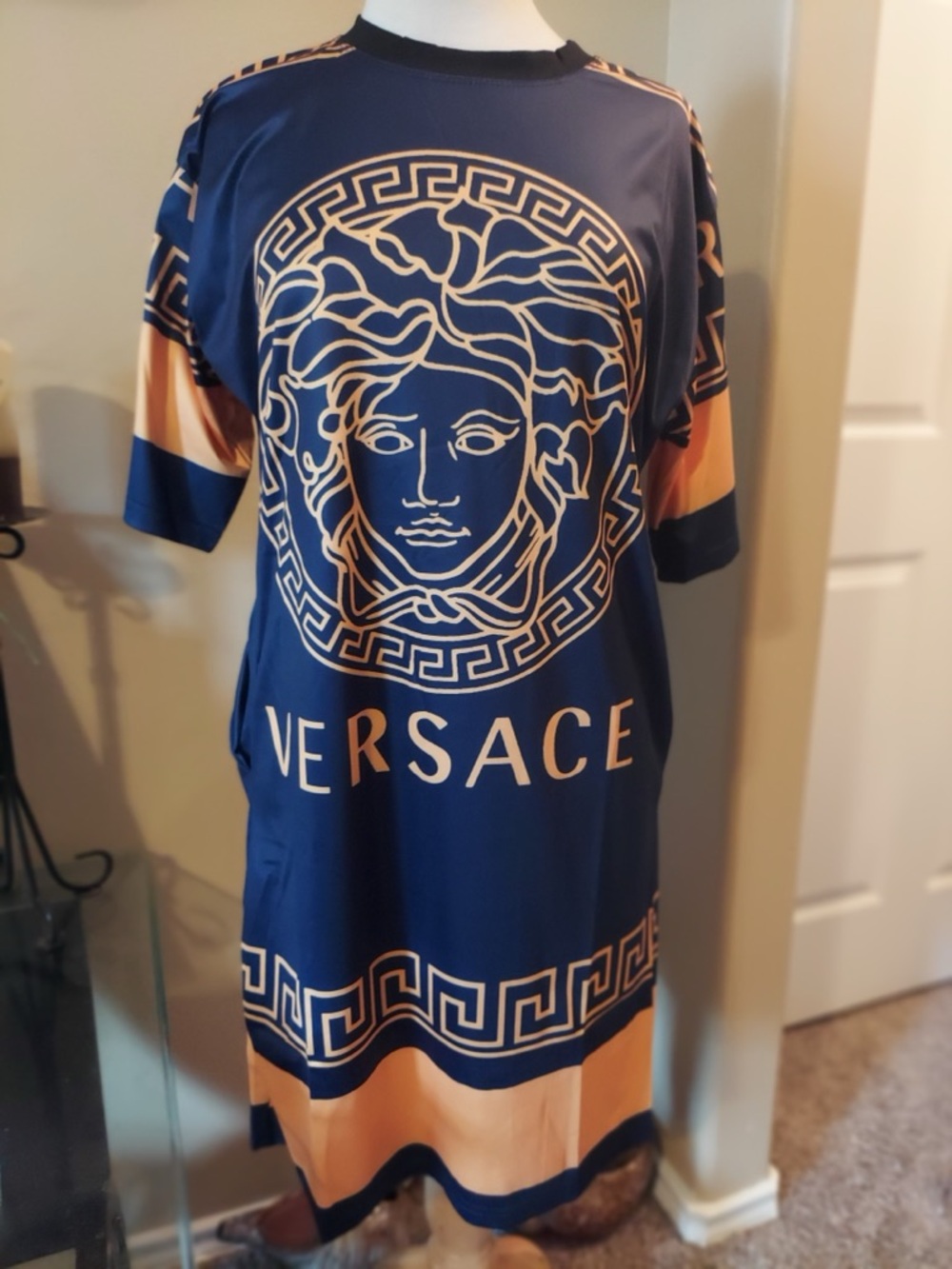Stretchy Dress with Pockets Blue and Gold Patterned